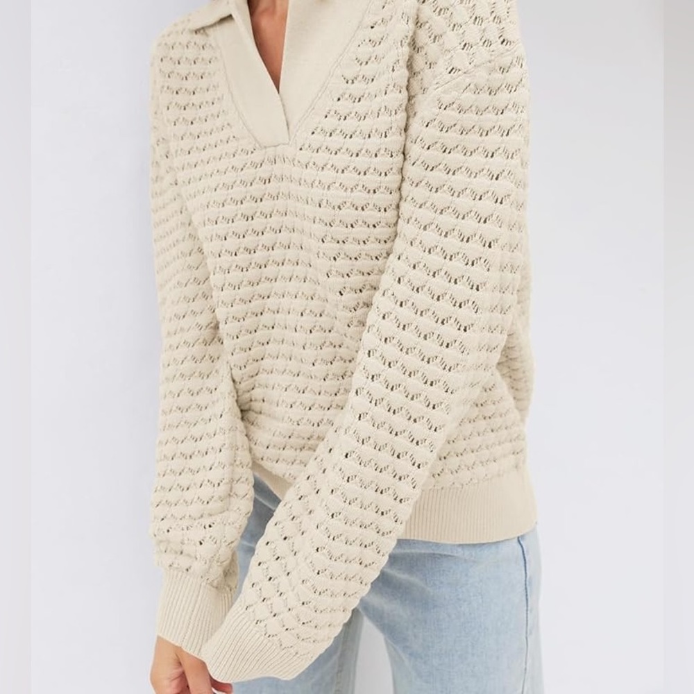 Joie NWT Cream Eyelet Cottagecore Coastal Grandma Eyelet Collared Sweater